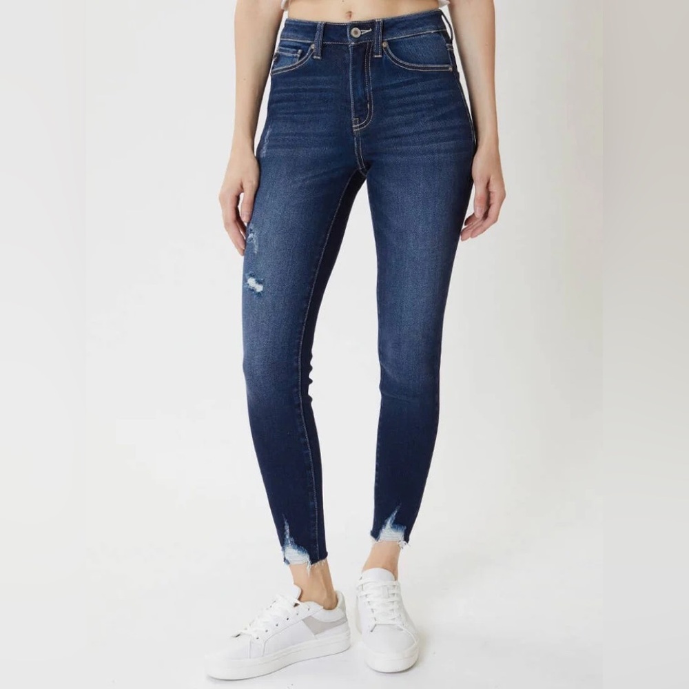 New! KanCan High Rise Ankle Skinny Sharkbite Hem Jeans Womens Size 27